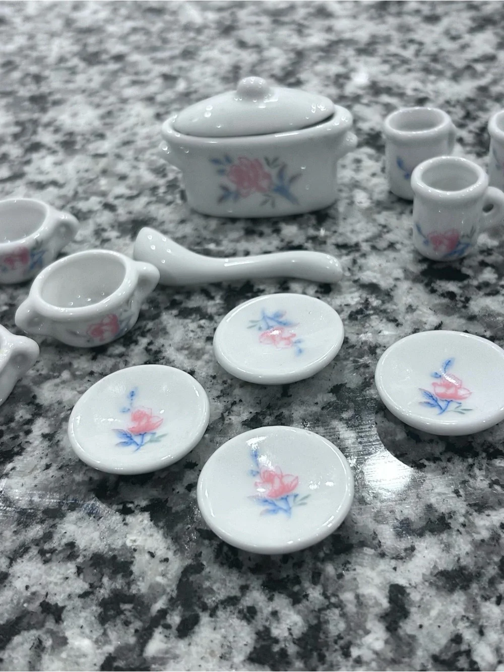 Porcelain Miniature Tea Set with Pink Floral Design
